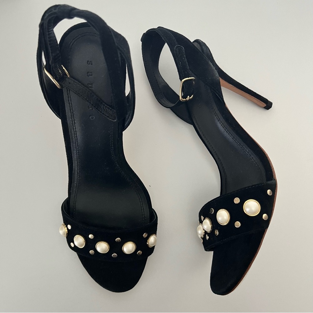 Sandro Nina Pearls Black Velvet Heels